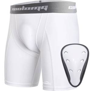 lot 4156 image: COOLOMG Youth Boys Athletic Cup Underwear Football Baseball Compression Shorts with Protective Cup MMA Lacrosse Field Hockey White S - Retail $20