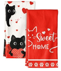 lot 4167 image: Miss Adola Valentine Day Kitchen Towels Set of 2 - Flour Sack Tea Towels with Hanging Loop 18x26 Inch Sweet Home Hand Dish Cloths Red Hearts Cats Absorbent Reusable Dishcloths Cute Valentine Decor - Retail $0