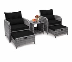 5 Pieces PE Wicker Outdoor Chairs with Ottoman, 5 PCS Rattan Patio Furniture Chairs with Pull Out Ottoman & Side Table for Porch Balcony Sunroom, Black - Retail: $210