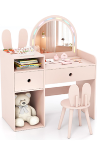 lot 1333 image: Kids Pink Bunny Vanity Table and Chair Set with LED Mirror - Retail $140
