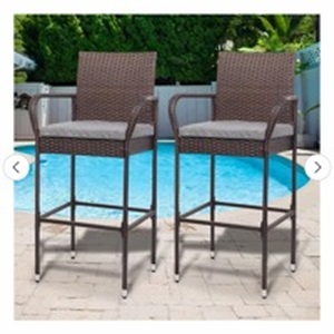 lot 1334 image: Outdoor Bar Stools Set of 2 with Cushions Wicker Bar Stools, Patio Bar Chairs Bar Height Patio Set for Garden Pool Lawn Backyard - Retail $300