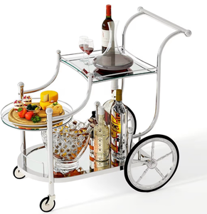 lot 1343 image: Tangkula Bar Cart, 3-Tier Rolling Home Bar Serving Cart with Mirrored Shelves & 4 Wheels, Mobile Beverage & Wine Cart for Kitchen, Dining Room, Living Room (Silver) - Retail $140
