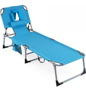 lot 1344 image: COSTWAY Tanning Chair with Face Hole, Folding Beach Lounge Chair with 4-Position Adjustable Backrest, Pillow & Side Pocket, Foldable Chaise Lounge Chair Outdoor for Sunbathing, Camping (1, Blue) - Retail $75