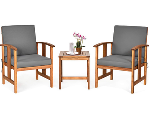 lot 1348 image: Tangkula 3 Pieces Patio Furniture Set, Includes Set of 2 Outdoor Acacia Wood Cushioned Chairs and Coffee Table, for Garden, Backyard, Poolside, Bistro and Deck, Patio Conversation Chat Set (Gray) - Retail $210