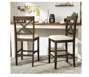 lot 1372 image: Giantex 24 Farmhouse Bar Stools Set of 2, Cross Back Counter Height Chairs with Padded Linen Upholstered Seat & Footrest, Wooden Barstools for Kitchen Island, Dining Room, Cafe, Dark Brown & Cream - Retail $120