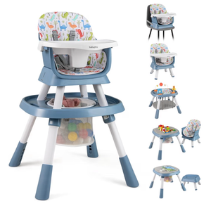 lot 1378 image: BABY JOY 16 in 1 High Chair, Convertible Baby Highchair for Babies and Toddlers with Activity Center, Booster Seat, Building Block Table, Toddler Chair with Safety Harness, Removable Tray (Blue) - Retail $120