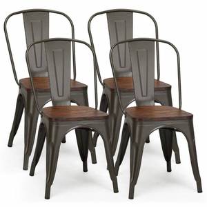 lot 1379 image: Costway Set of 4 Style Metal Dining Side Chair Wood Seat Stackable Bistro Cafe - Retail $170