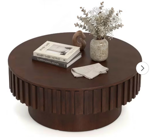 lot 1390 image: Costway Round Coffee Table with Storage, Wooden Drum Coffee Table with Hidden Compartment Walnut 31x14 - Retail $350