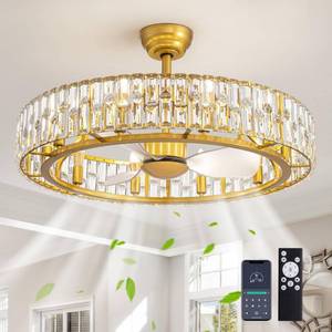 Siljoy Gold Fandelier Ceiling Fan with Light, 31.5'' Modern Crystal Chandelier Ceiling Fans with Lights Remote Control, Large Mid Century Dimmable Fandelier 6 Speeds for Living Room Bedroom Nursery - Retail: $499