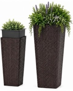 lot 1395 image: Giantex Set of 2 Planters for Outdoor Plants, Tall Tapered Plants wInner Trays, Drainage Holes, Decorative PP Flowerpots 32 & 24 Tall for Porch, Patio, Garden, Backyard, Indoors & Outdoors (Coffee) - Retail $80