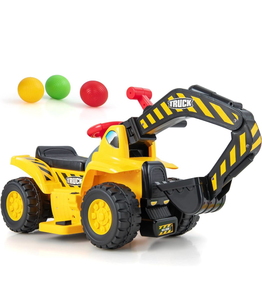 lot 1399 image: 6V Ride On Construction Excavator, Outdoor Digger Scooper Tractor Toy WSafety Helmet, Rocks, Horn, Underneath Storage, Moving ForwardBackward, Pretend Play Ride On Truck - Retail $76