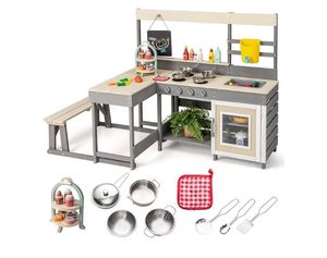 lot 2146 image: INFANS Mud Kitchen, Outdoor Play Kitchen with Faucet Chalkboard Stoves Removable Sink Cooking Accessories Wooden Kids Kitchen Playset Backyard Garden Toys Gift for Boys Girls Ages 3 - Retail $180