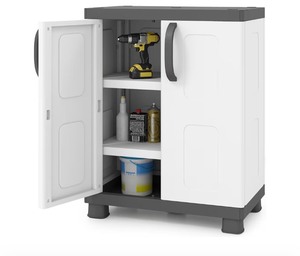 lot 1398 image: Giantex Storage Cabinet with 2 Doors and Adjustable Shelves, Modern Plastic Base Garage Organizer, Floor Sideboard for Kitchen, Dining Room, Bathroom (Wide-29x19x37,WhiteBrown) - Retail $100