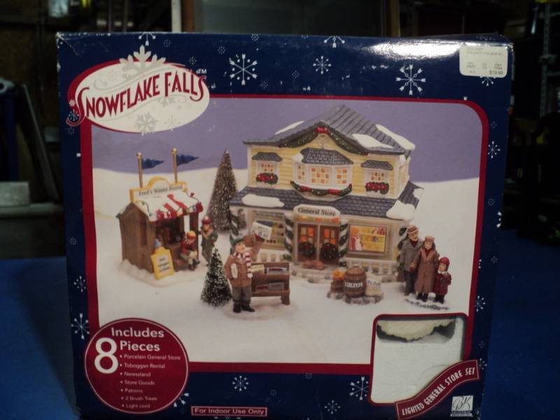 lot 4377 image: Snowflake Falls Lighted General Store Set, 8 pieces, open box, appears complete