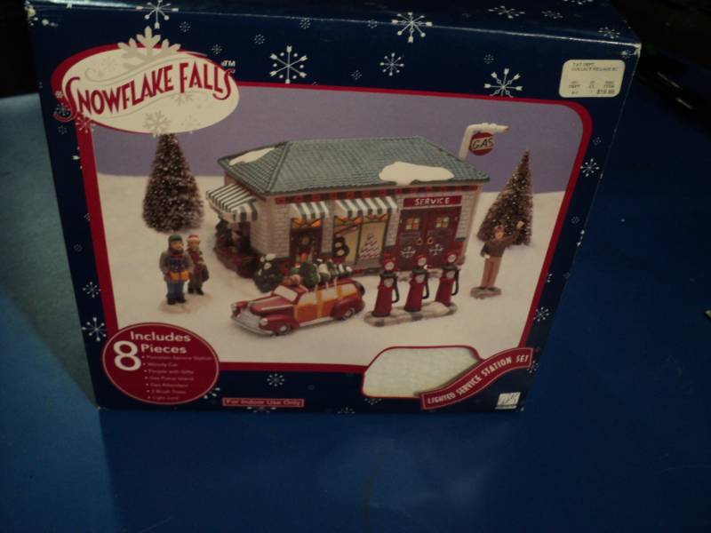 lot 4378 image: Snowflake Falls Lighted Service Station, open box, missing pieces gas station attendant, trees and light cord
