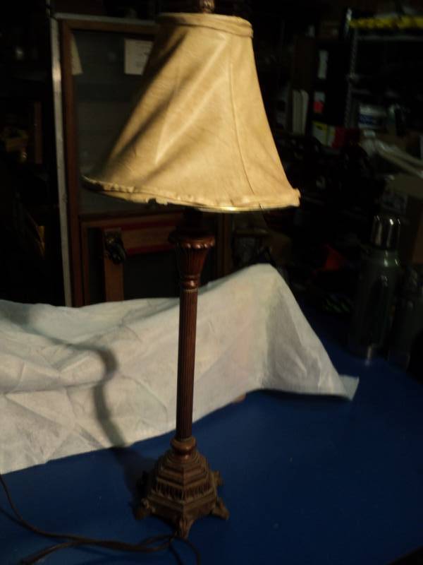 lot 4419 image: Vintage Candlestick Style Lamp, 31 tall, shade needs repair