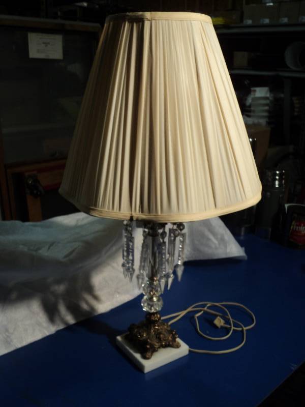 lot 4420 image: Vintage Table Lamp, stone and brass base, crystal body with hanging glass crystals, 27 tall