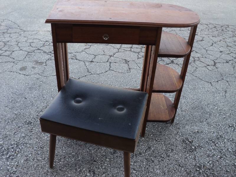 lot 4458 image: Wooden Phone Desk, 29 x 13-12 x 31 with Storage Stool 16 seat height