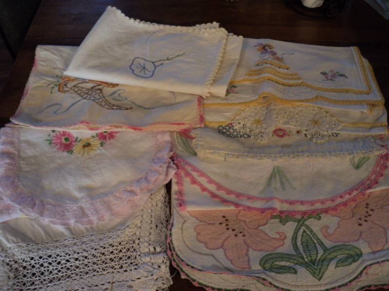 lot 4493 image: (9) ct. lot Table runners and table cloth with needlepoint detail assorted sizes, styles and colors