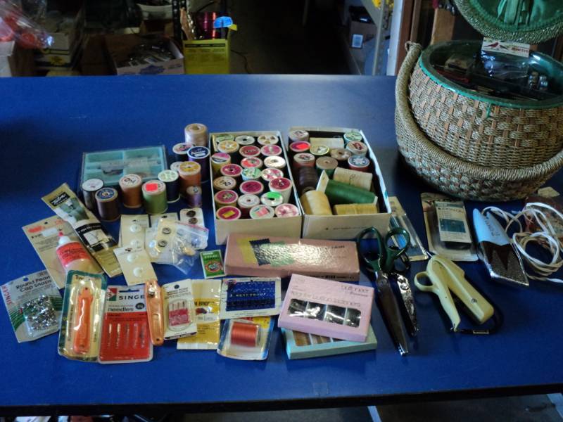 lot 4520 image: Large lot of Sewing Supplies, Thread, needles, scissors, sewing box and more over 50 pieces