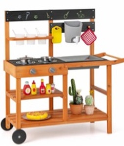 lot 3504 image: OLAKIDS Mud Kitchen for Kids Outdoor, Wooden Toddler Play Kitchen with Wheels Removable Sink Faucet Stoves Storage Shelves Cooking Accessories, Children Pretend Toy Playset for Backyard Garden - Retail $90