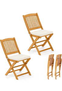 lot 3505 image: Tangkula 2 Pieces Folding Outdoor Dining Chairs, Acacia Wood Patio Chairs with Soft Cushions, Slatted Backrests and Seats, Outdoor Chairs for Porch, Balcony, Deck and Yard (One-Size,Beige,2) - Retail $90