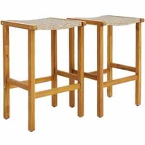 lot 3506 image: COSTWAY Outdoor Bar Stools Set of 2, 30-inch Height Backless Bar Chairs with Acacia Wood Frame, PE Wicker Saddle Seat, Footrest, Patio 2-Pack Bar High Stools for Garden Porch Poolside Backyard - Retail $50
