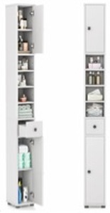 lot 3507 image: Tangkula Tall Slim Bathroom Storage Cabinet, 71 Freestanding Bathroom Cabinet w 2 Doors, 1 Drawer & 5 Adjustable Shelves, Floor Narrow Tower Cabinet for Small Spaces, 8 x 8 x 71 (White) - Retail $65