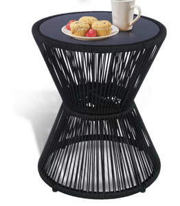 lot 3509 image: Outdoor Side Table 20 H Small End Tables Woven Rope Weather Resistant with Glass Top Round Coffee Table for Indoor Balcony Patio Poolside (Black) - Retail $100
