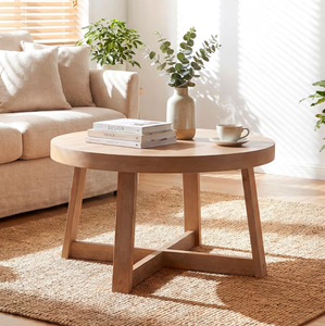 lot 3510 image: Giantex Round Coffee Table, 30 Wood Center Table with Thickened Tabletop & Cross-Shaped Pine Wood Frame, 220 lbs Capacity, Modern Living Room Table for Small Spaces, Natural - Retail $150
