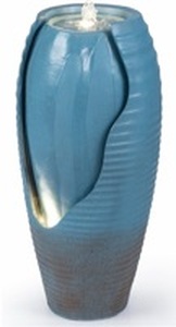 lot 3513 image: Giantex 32 Outdoor Jar Water Fountain with LED Lights, Vintage Blue Cracked Jar Design, Cascading Waterfall with Adjustable Pump, Resin Patio Water Feature for Garden, Balcony, Porch, Indoor Decor - Retail $160