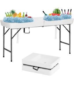 lot 3515 image: Folding Ice Cooler Table with Double Sinks Drain, Portable Tailgate Camp 5FT Fishing Cleaning Table, Ice Table for Party, BBQ, Camping,Picnic Indoor and Outdoor - Retail $66