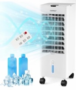 lot 3516 image: COSTWAY Evaporative Air Cooler, 3-in-1 Quiet 60° Oscillation Fan with Remote Control, 2 Ice Packs, 3 Speeds, 3 Modes, 12H Timer, Detachable Water Tank, Portable Swamp Cooler for Home Office, White - Retail $70