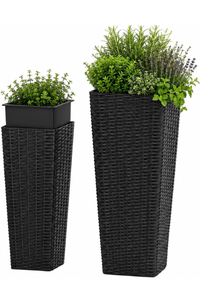 Giantex Set of 2 Planters for Outdoor Plants, Tall Tapered Plants w/Inner Trays, Drainage Holes, Decorative PP Flowerpots 32" & 24" Tall for Porch, Patio, Garden, Backyard, Indoors & Outdoors (Black) - Retail: $80