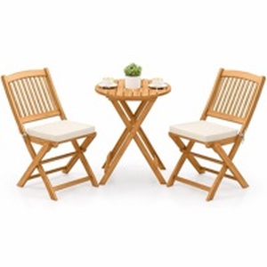 lot 3518 image: Tangkula 3 Pieces Acacia Wood Patio Folding Bistro Set, Outdoor Table and Chairs Set with Soft Cushions, Patio Furniture Set for Porch, Balcony, Garden, Deck and Backyard - Retail $120