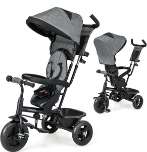 lot 3519 image: BABY JOY Tricycle, 4 in 1 Toddler Bike wRemovable Canopy, Adjustable Push Handle, Reversible Seat, Safety Belt, Folding Footrest & Storage Basket, Toddler Tricycle for Boys Girls 9-60 Months (Gray) - Retail $96