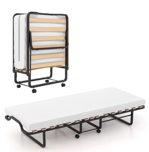 lot 3525 image: Costway Portable Foldable Guest Bed with Solid Wood Slats and Metal Frame Rollaway Bed for Adults with Wheels - Retail $160