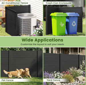 lot 3528 image: Outdoor Privacy Fence Screen, 48 W x 48 H Air Conditioner Fence with 2 Panels & Galvanized Metal Ground Stakes, Trash Can Equipment Enclosure for Patio, Backyard, Pool, Black - Retail $160