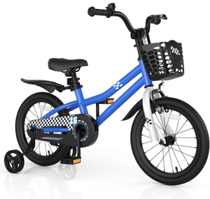 lot 3531 image: COSTWAY Kids Bike with Training Wheels 16 Inch Toddler Bicycle for Boys & Girls Aged 3-8 Years Old, Handbrake and Coaster Brake, Removable Basket and Bell, Multiple Colors - Retail $110