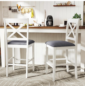 lot 3533 image: Giantex 24 Farmhouse Bar Stools Set of 2, Cross Back Counter Height Chairs with Padded Linen Upholstered Seat & Footrest, Wooden Barstools for Kitchen Island, Dining Room, Cafe, White & Gray - Retail $125