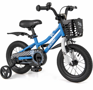 lot 3537 image: COSTWAY Kids Bike with Training Wheels, 12 Inch Toddler Bicycle for Boys and Girls Aged 3-8 Years Old, Handbrake and Coaster Brake, Removable Basket and Bell, Blue  - Retail $96