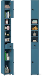 lot 3541 image: Tangkula Tall Slim Bathroom Storage Cabinet, 71 Freestanding Bathroom Cabinet w 2 Doors, 1 Drawer & 5 Adjustable Shelves, Floor Narrow Tower Cabinet for Small Spaces, 8 x 8 x 71 (Blue) - Retail $70