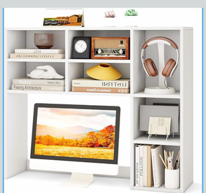 lot 3543 image: Tangkula Desktop Bookshelf, 37 Countertop Storage Hutch with 7 Cubes & 3 Adjustable Shelves, 3-Tier Desk Display Rack Organizer, Multipurpose Wood Desktop Hutch for Dorm Home Office (White) - Retail $70