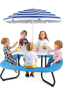 Kids Picnic Table, 8 Person Toddler Outdoor Table and Chair Set, 4 Built in Benches, Removable Umbrella, Metal Frame and HDPE Top, Children Outdoor Furniture for Backyard Patio Garden Blue - Retail: $160
