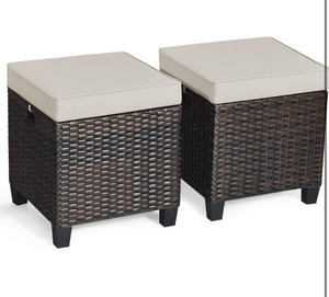 lot 3547 image: Tangkula 2 Pieces Outdoor Patio Ottoman, All Weather Rattan Wicker Ottoman Seat, Patio Rattan Furniture, Outdoor Footstool Footrest Seat wRemovable Cushions - Retail $75