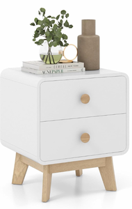 lot 3549 image: Night Stand with 2 Drawers, Mid Century Modern Bedside Table with Cute Round Knobs, Wooden Side End Table with Solid Rubber Wood Legs, Small Nightstand for Kids Bedroom Dorms, White - Retail $80