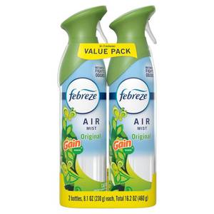 lot 483 image: Febreze Air Mist Odor-Fighting Air Freshener - Gain Original Scent - 8.1oz2pk Dye-Free, Phthalate-Free Aerosol - Retail $8