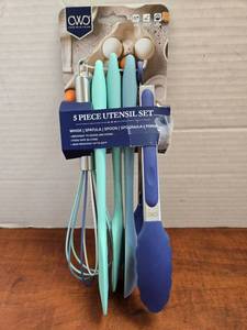 lot 493 image: Cook with Color 5-Piece Utensil Set featuring food-safe silicone tools in shades of blue, NEW Retail $15 - Retail $15