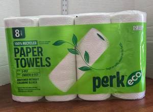 lot 529 image: Perk Eco 100% Recycled Paper Towels 8-Pack - Retail $12