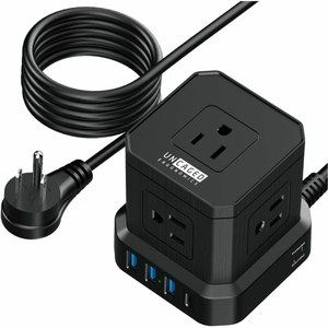 lot 538 image: Cube Power Strips with Surge Protection  10ft Extension Cord with Multiple Outlets  5 AC Plugs  3 USB  1 USB-C Fast Charging Power Strip with USB Ports  Mountable OnOff Switch Charging Station, Black -New  Retail $37